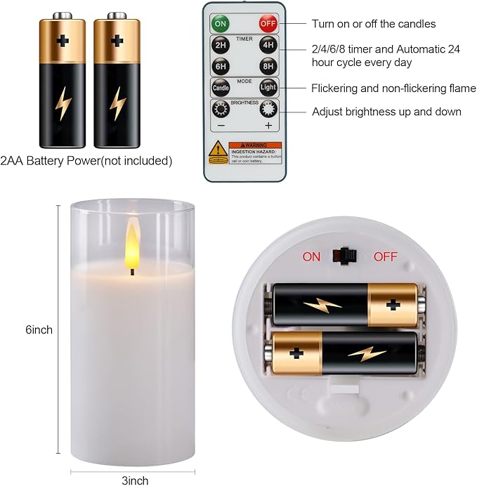 5plots Flameless Battery Operated Candles Set of 3, White LED Candles with Remote Timer, Real Wax Glass Pillar Candles Warm Flickering Light for Indoor Home, Halloween, Christmas Decor D3 x H6 6" 6"