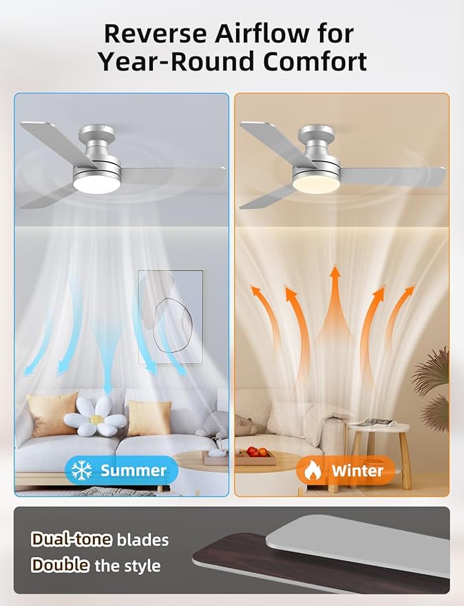 42" RGB Ceiling Fan with Light, Music Sync Smart Fan with Alexa/Google/App Control, Low Profile Flush Mount, 6-Speed Quiet DC Motor, 4 CCT Dimmable Lighting for Bedroom Living Room, Silver