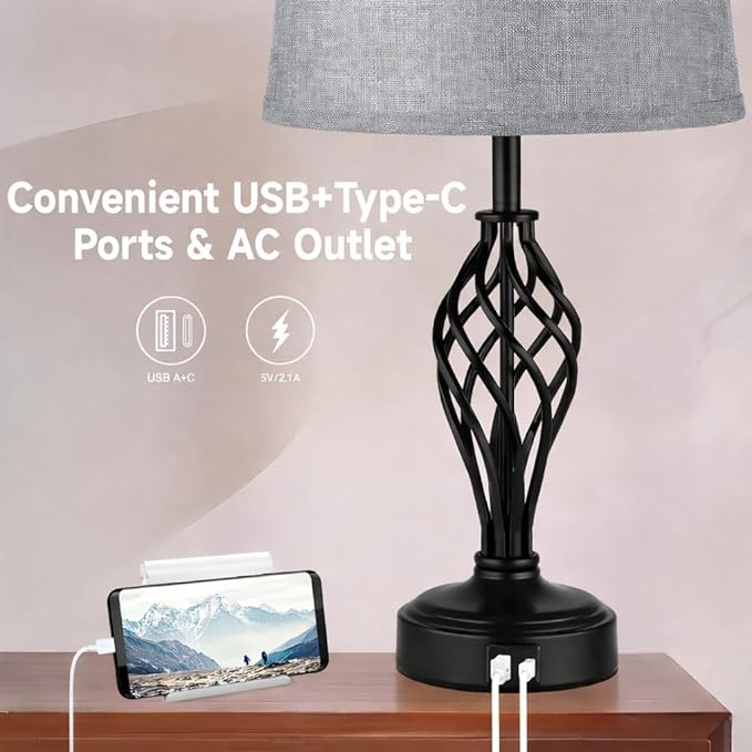 Touch Table Lamps Set of 2, nightstand lamp with USB Ports Bedside 3 Way Touch dimmer Desk lamp for Living Room Bedroom,Black Painted Spiral cage Base Design Warm White dimmer Bulbs Included.