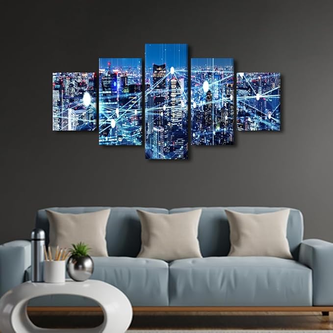 Canvas Wall Art Modern Home Decoration Artwork 5 Panel Wireless Network Poster Smart City Picture Printing Internet Workers Office Wall Art Decorate Frame and Stretched Ready to Hang 60x32 Inch