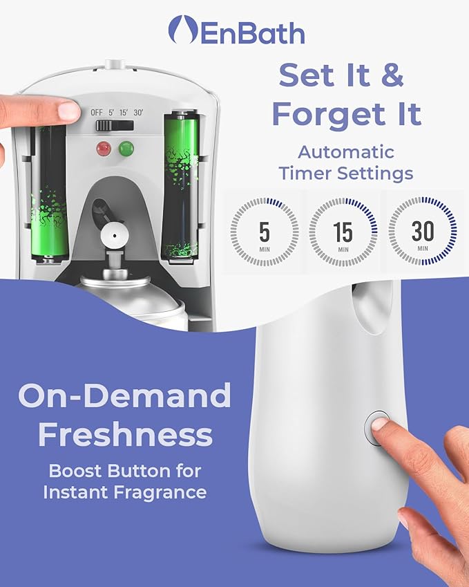 Automatic Air Freshener Spray Dispenser, White Wall Mounted or Free Standing Battery Operated Sprayer for Home or Commercial Use, 3 Auto Time Settings for Scent Release for Room/Bathroom Freshness
