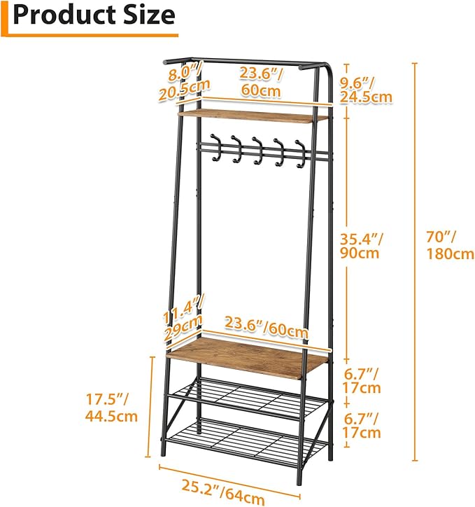 Coat Rack Hall Tree with Shoe Storage Bench, 4-in-1 Entryway Organizer, 5 Hooks & 3-Tier Shoe Rack, Freestanding Metal Frame for Hallway, Front Door