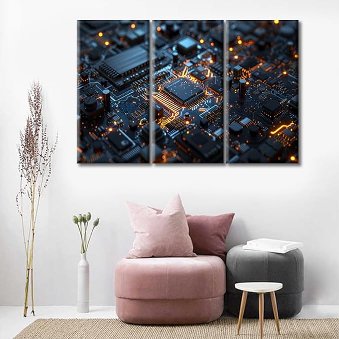 Canvas Wall Art for Bedroom 3D Technology Motherboard Wall Decorations for Living Room Office Wall Decor Circuit Board Pictures Wall Painting 3 Piece Stretched and Framed Ready to Hang (36"Wx24"H)