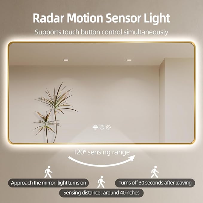 56 x 36 Gold LED Bathroom Mirror, Metal Framed Rounded Corner Rectangle Backlit Mirror Bathroom, Anti-Fog, 3-Color Stepless Dimmable Lighted Mirror, Motion Sensor Lights, Memory Function
