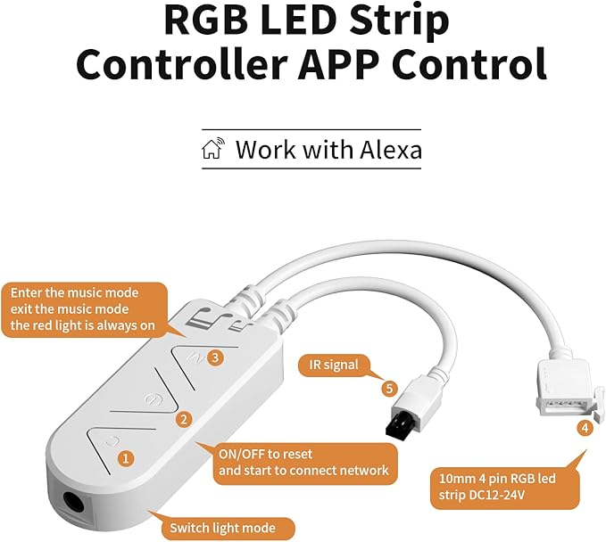 PAUTIX RGB LED Strip Light Wireless Smart Controller, 44-Key Remote and APP Control, Music Sync, Replaced Controller for 12V/24V 4-Pin COB SMD LED Strip Light, DIY and Timer Function