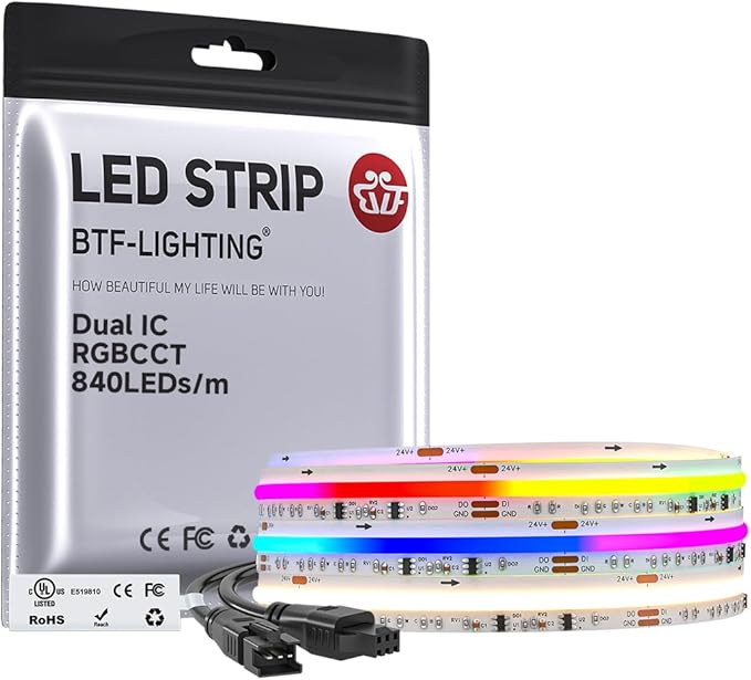 BTF-LIGHTING WS2811 Dual IC RGBCCT FCOB COB LED Strip,UL Listed High Density Chasing IC RGB Light+Tunable White 3000K-6000K,9.8FT 840LEDs/m,10mm Width IP30 DC24V 3M Tape(No Adapter or Controller)
