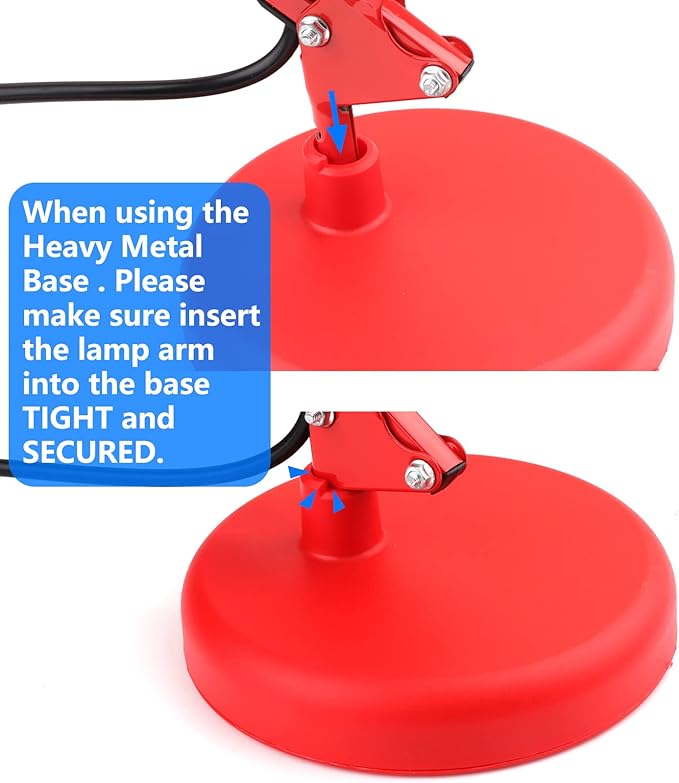 AmeriTop Metal Desk Lamp, Adjustable Swing Arm Table Lamp with Interchangeable Base Or Clamp; Eye-Caring Desk/Clip Reading Lamps for Bedroom, Study, Office (Red)