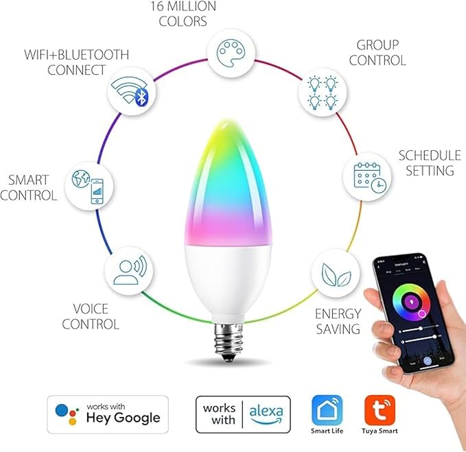 Candelabra Smart Light Bulbs 60W Equivalent, 450LM 5W LED Bulb Compatible with Alexa/Google Home, RGBCW 16 Million Color Changing Light Candle Bulb, No Hub Required, 2.4G (E12) (2)