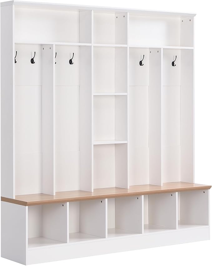 Wide Hall Tree With Shoe Storage Bench, Minimalist Entryway Coat Rack, Cube Storage and Shelves, Multifunctional Mudroom With 8 Hooks for Hallway (White)