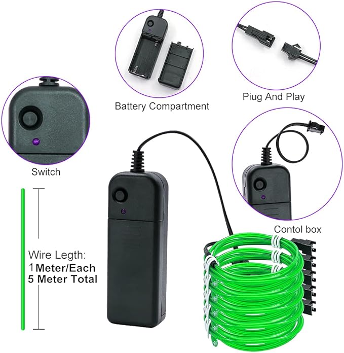 Ourbest EL Wire Lights Battery Powered, Wearable Led Wire Lights 5in1 neon String Light,DIY neon Sign kit Stay/Slow/Fast Flash Party Decoration 1M Green