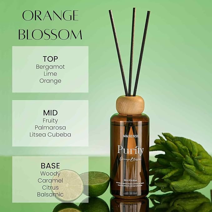 M&SENSE Reed Diffuser Set, Orange Blossom Scented 6.3 fl oz Natural Essential Oil Diffusers with Sticks, Non-Toxic Organic Air Freshener, Long-Lasting Fragrance Oils for Home Bathroom Kitchen