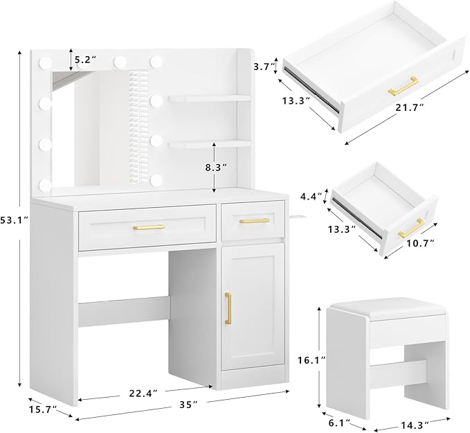 Vanity Desk with Mirror and Lights & Power Outlet, Makeup Desk with Drawer & Storage Shelves, 3 Lighting Modes Adjustable Brightness, Modern Gold Handle Dressing Table with Vanity Chair Bedroom