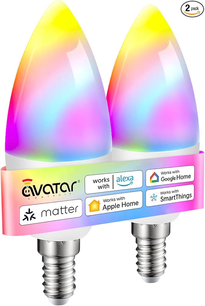Matter E12 Candelabra Smart Bulb - No Dedicated App Needed, Compatible with Apple Home, Alexa & Google. RGBCW Color & Tunable White for Bedroom Lamps, Living Room & Home Office Lighting(2 Pack)