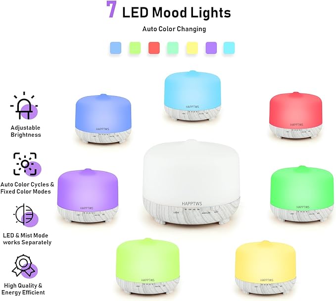 HAPPTWS 500ml Essential Oil Diffuser - Cold Mist humidifier with 4 timers and 7 Color Settings, no Water auto Shut Off, with Remote Control, Suitable for Room/Yoga Room/Office (White)