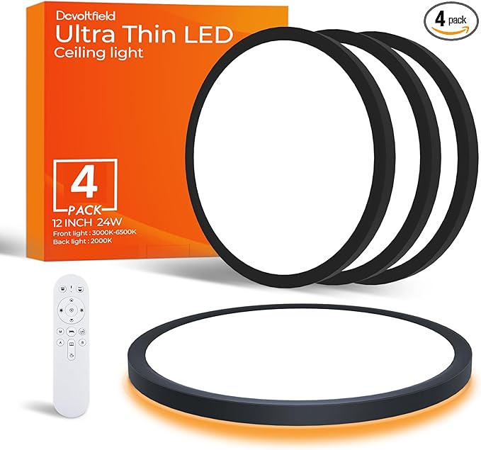 4Pack Dimmable LED Flush Mount Ceiling Light Fixture with Remote Control, 24W 2400LM, 12Inch, 2000K Warm Night Light & 3000K-6500K, Modern Super Slim Ceiling Lamp for Bedroom Kitchen, Black