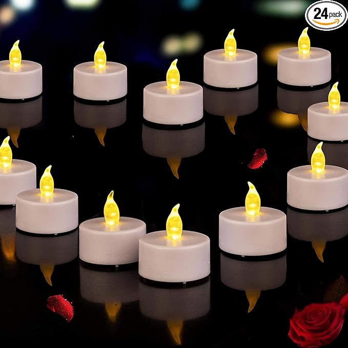Battery Operated Flameless Tea Lights : 24PACK LED Electric Candles Lamp Realistic and Bright Flickering Holiday Gift Long Lasting for Birthday Wedding Party Celebrations Decoration Warm Yellow