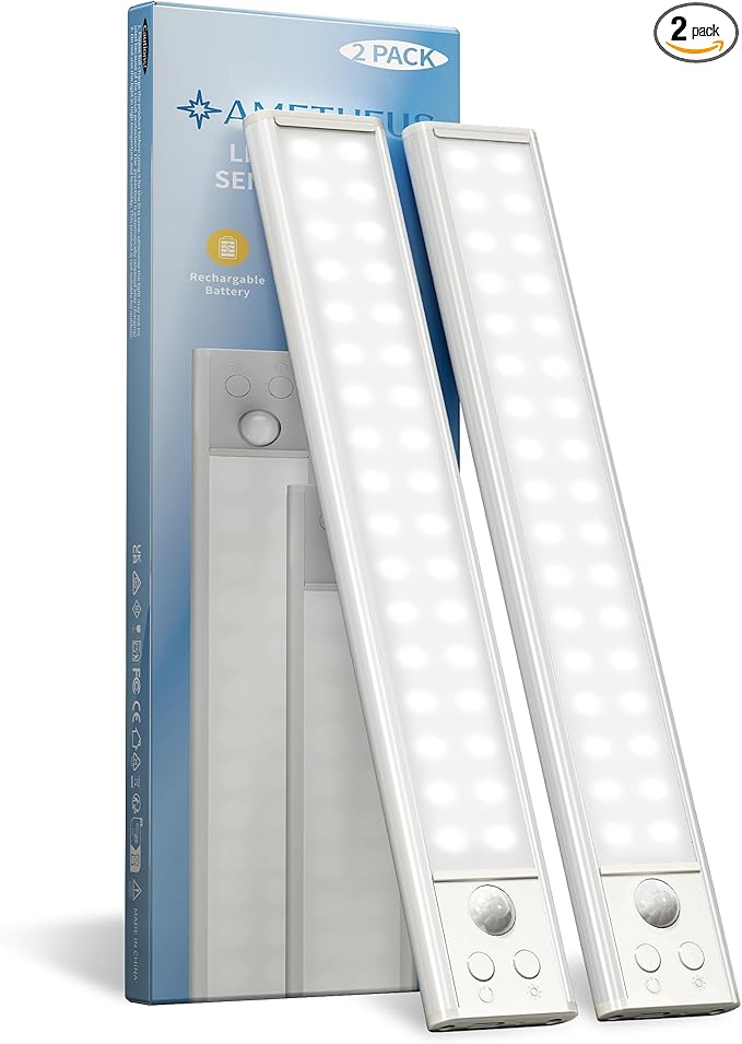 10inch Under Cabinet Lights, Motion Sensor Light Indoor, Wireless Closet Lights, 1800mAh Rechargeable Battery, Magnetic, 5 Levels Dimmable, Under Counter Lights for Kitchen, Bathroom (2 Pack)