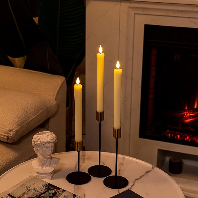 Homemory 3 Pcs Real Wax Flameless Taper Candles with Remote Timer and Dimmer, Battery Operated Candlesticks with Flickering Light, Ivory Window Candles, 9.6 Inches for for Wedding Home Decor