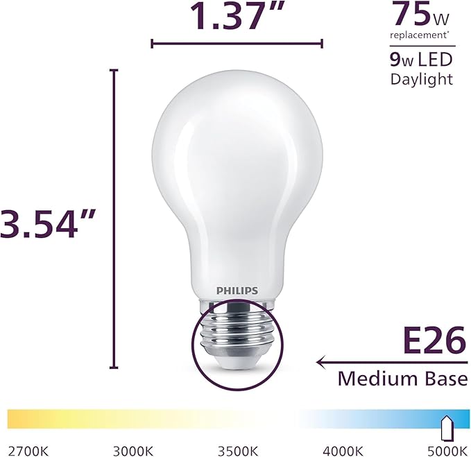 Philips LED 75W A19 4-Pack Ultra Definition Daylight (5000K) 1100 Lumen (9W = 75W) Dimmable Frosted Flicker-Free Light Bulbs