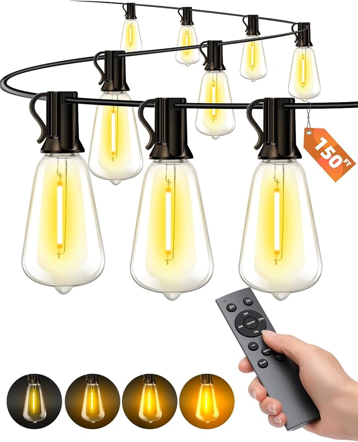 Outdoor Patio String Lights: 150Ft 45M Outside Waterproof Light - Remote Dimmable ST38 Shatterproof Bulb Connectable Hanging Outdoor Electric Lighting - Backyard Yard Gazebo Porch Party