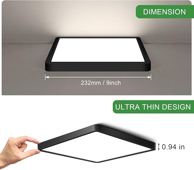 9Inch 18W Square LED Ceiling Light Fixtures Flush Mount, 4000K Natural White Ceiling Lamp, Surface Mount Modern Ceiling Lights, Slim Flat Panel Lighting for Bedroom, Kitchen, Bathroom Etc.Black