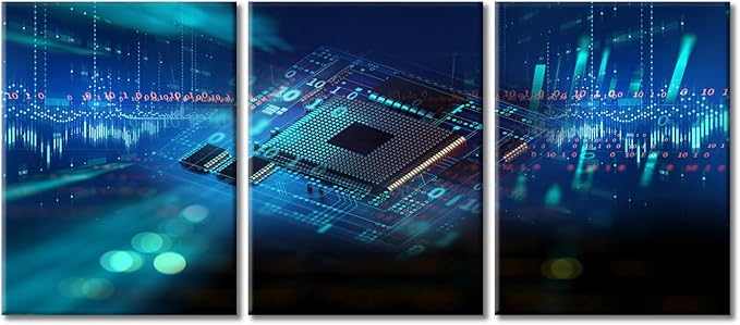 TUMOVO Wall Decor CPU Concept Wall Art Abstract Futuristic PCB Pattern and CPU Artwork Pictures Wall Decor for Living Room 3 Piece Contemporary Home Decor Print on Canvas Ready to Hang (36" Wx16 H)