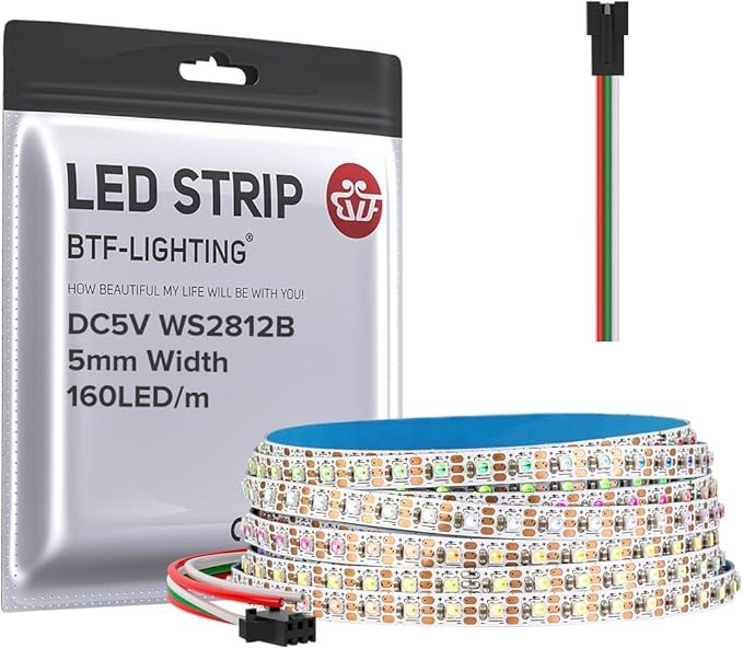 BTF-LIGHTING WS2812B IC RGB 5mm Ultra Narrow LED Strip 2020SMD DC5V Individually Addressable 9.8FT 160Pixels/m 480LED Dream Color Tape Light for Home DIY Decoration IP30 (No Adapter or Controller)