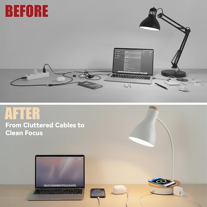 Desk Lamp for Home Office, 10W Wireless Charger Desk Light with USB C+AC Charging Ports,3 Ways Dimming Reading Light, Touch Table Lamp for College Dorm Room (White-Fast Charging (10W))
