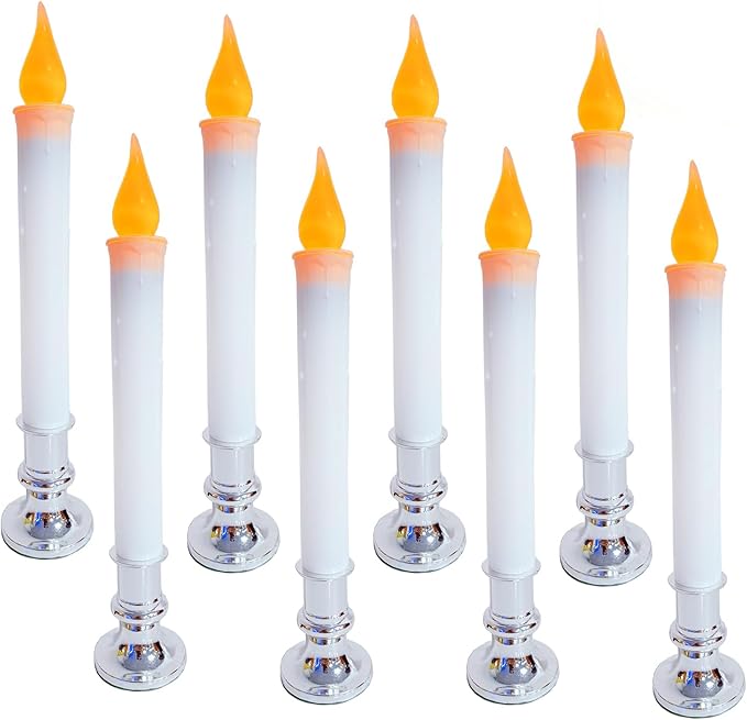 8 Pack 9" LED Candle Lights with Dusk to Dawn Sensor, Silver Base Battery Powered Flameless Candles for Indoor Table Party Decor
