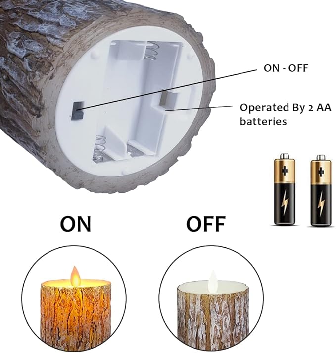 Pine Bark LED Flameless Pillar Candles Battery Operated with Flickering Warm Yellow Light Moving Wicks, Pack of 3 (D 3”×H 4”5”6”) Real Wax Candles with Timer and Remote Control