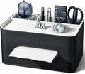 PU Leather Tissue Box Cover Rectangular with Storage Organizer Tray, Multifunctional Remote Control Holder, Desk Organizer for Living Room, Bedroom, Office, Decorative Tissue Holder Black