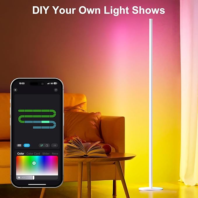 White Corner Floor Lamp Pair, RGB IC Corner Lamps with APP & Remote Control, 16 Million Colors, Timing, Color Changing Ambient Lighting for Living Room Bedroom Gaming (Share One Adapter)