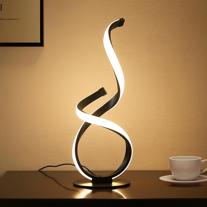 Modern Touch Lamp for Nightstand, Spiral LED Table Lamp, Dimmable 3 Color Temperature Night Stand Desk Lamp, Unique Bedside Light for Living Room, Bedroom, Cool Lamps for Ideal Gift, Black