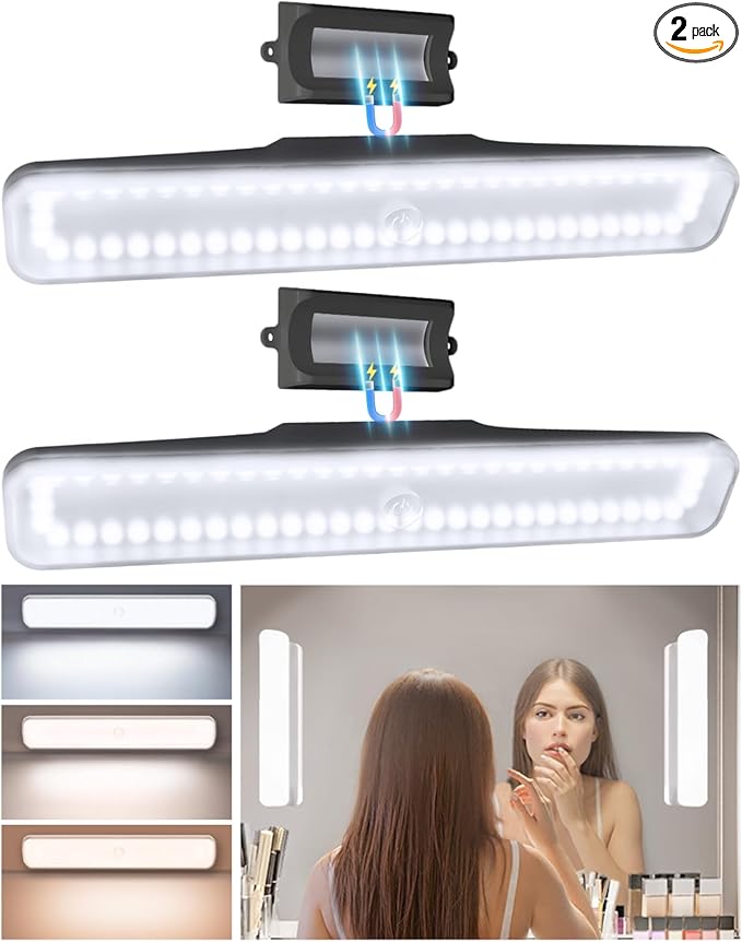 EZVALO Wireless Makeup Light 2 Pack, Vanity Lights for Mirror,Bathroom Mirror Light, Rechargeable, 3 Color Temperatures, Stepless Dimming, Touch Control, Adjustable Angle, Black, Women's Gifts