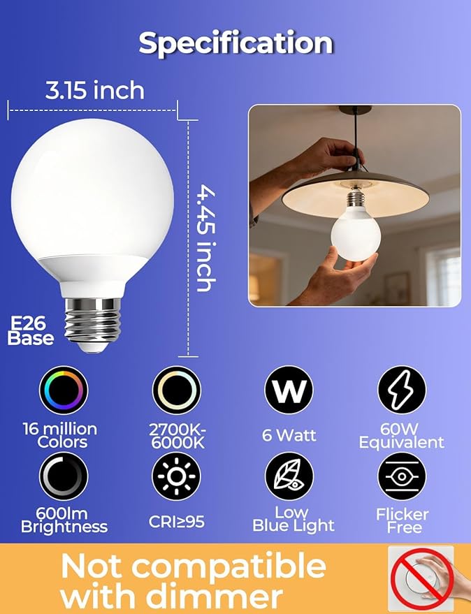 ILC G25 Globe Light Bulbs, App-Controlled Vanity Light Bulbs with Bluetooth Mesh, Color Changing, 1600 Million Colors, 6W, 60W Equivatlent, 600LM, CCT: 2700K-6000K, CRI>95+, E26 Base (6 Pack)