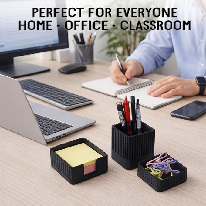 Desk Organizer Set of 3 for Office Accessories - Includes Pen Holder, Paperclip Storage, and Sticky Note Holder - Aesthetic Concrete Desktop Accessories for Women or Men, Office Decor (Black)
