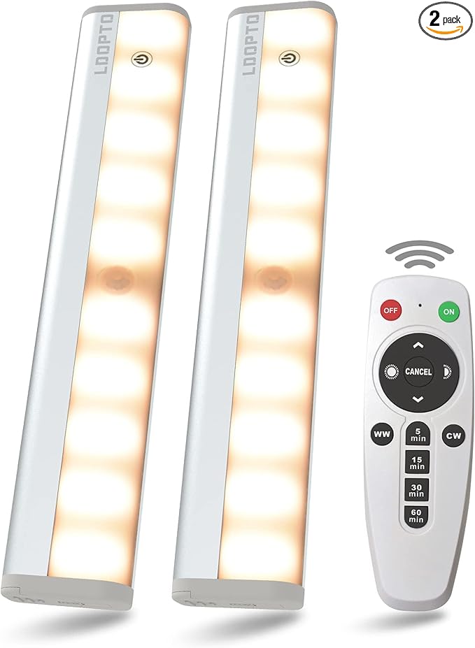 LDOPTO Motion Sensor Under Cabinet Lights with Remote 2 Pack, Dimmable Battery Operated Closet Lighting, LED Night Lights Indoor for Kitchen Hallway Stairway, tunable 3 Colors with timers