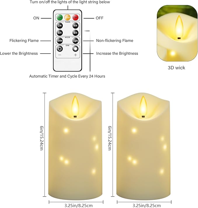 Outdoor Waterproof Flickering Flameless Candles with Embedded Star String,2Pcs LED Pillar Candles Battery Operated with Remote and Timers for Courtyard,Porch,Camping,Holiday Decoration(Ivory)