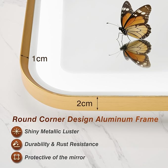 36x60 Inch LED Bathroom Mirror with Gold Frame,Front and Backlit Vanity Mirror, Stepless Dimmable Wall Mirrors with Anti-Fog, 3 Colors, Memory, Waterproof, LED Smart Bathroom Mirror