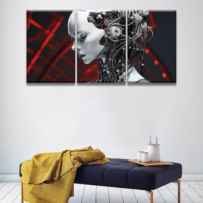 LSIUHWUWI Wall Art for Living Room 3 Panel Female Robot with Wires, and Metallic Finish Pictures Posters Contemporary Wall Decor for Home Office Hotel Wall Wooden Framed Ready to Hang 16x24inchx3