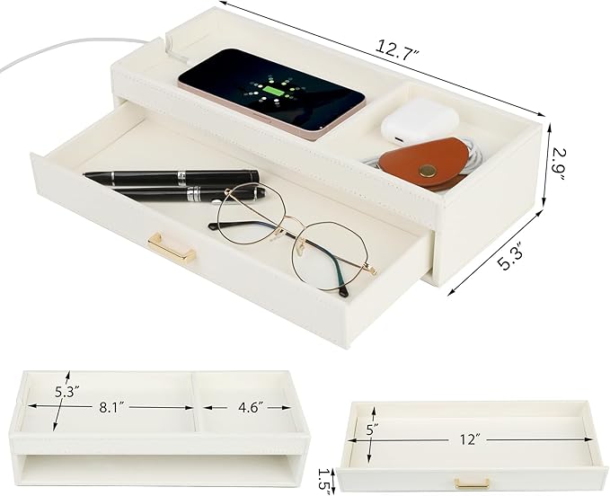 HofferRuffer Valet Jewelry Tray Organizer with Drawer, Faux Leather Storage Catchall Box Phone Charging Station Tray with Dresser Nightstand Desktop Drawer Organizer (White)