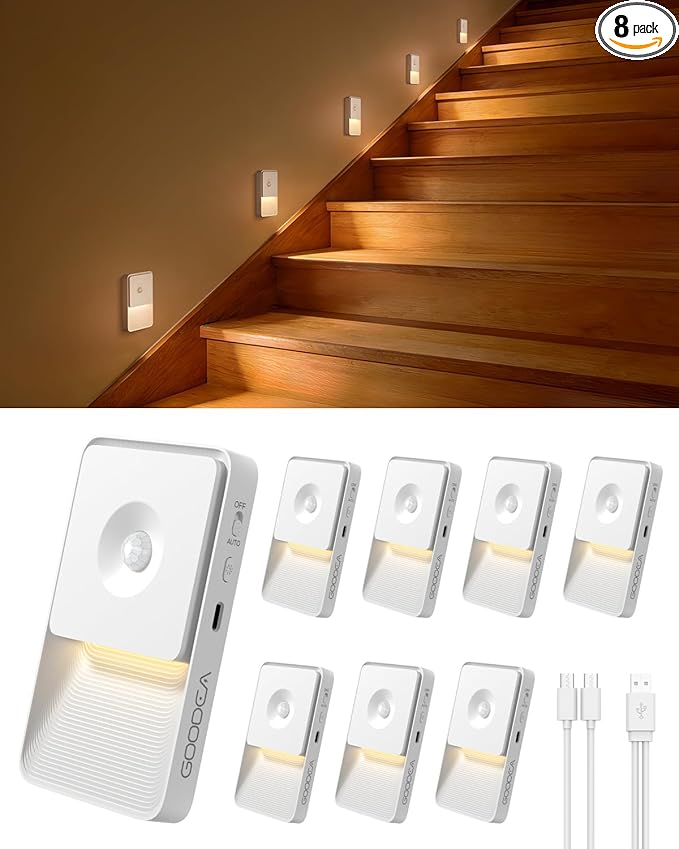 Rechargeable Motion Sensor Night Lights for Stairs, Magnetic Stair Lights Indoor, Warm Dimmable Night Light for Hallway,Bathroom,Bedroom,Closet(8 Pack)