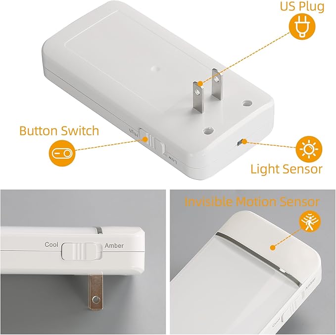 Dawnrise Night Lights Plug into Wall, Invisible Motion Sensor Night Light, Soft Warm or Cool White Selectable, Brightness Adjustable, LED Night Lights for Bedroom, Bathroom, Stairs, Hallway, 2PK