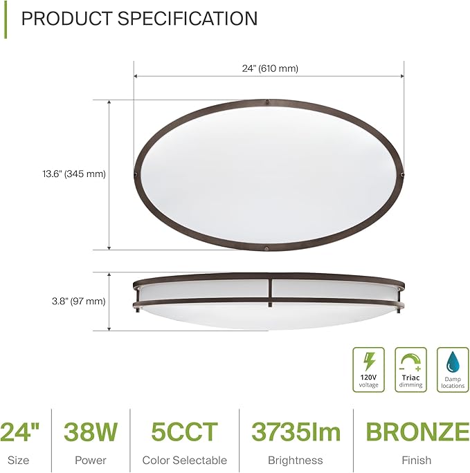 ASD LED 24" Oval Flush Mount Lighting, Close to Ceiling Light Fixture | 5CCT, Dimmable, ETL Listed | 38W 3289LM 2700-5000K 120V | Low Profile Double Ring Lamp | Dark Bronze, 2 Pack