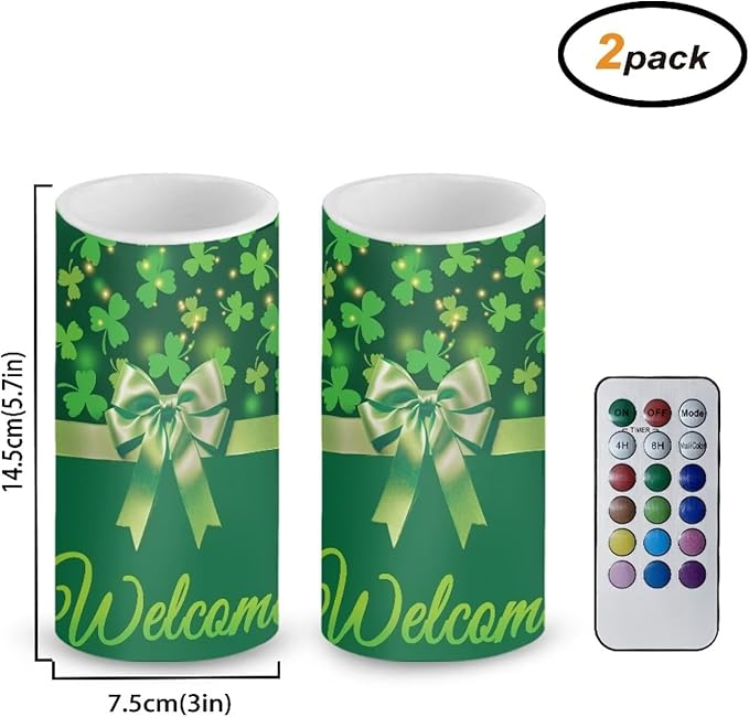 St Patricks Day Decor Flameless Candles Battery Candles with Remote Control Green Bow LED Pillar Candles Electric Fake Plastic Candles for Home Room Bedroom Holiday Decorations Set of 2