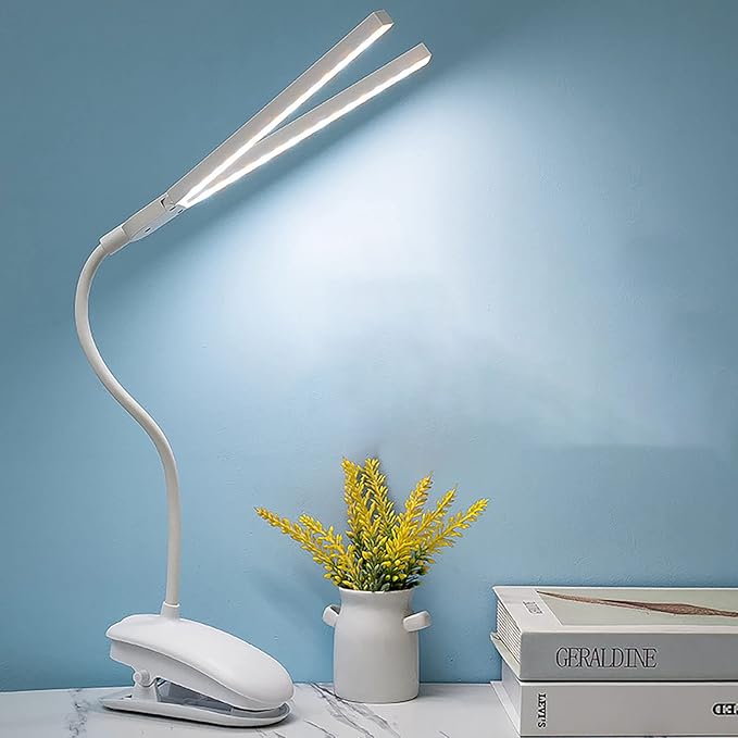 Dual Head LED Desk Lamp with Clamp, Eye-Caring Clip on Lights for Home Office, 3500mAh Rechargeable Battery Operated Table Lamps,3 Lighting Modes & Brightness Dimmer Light for Kids Students