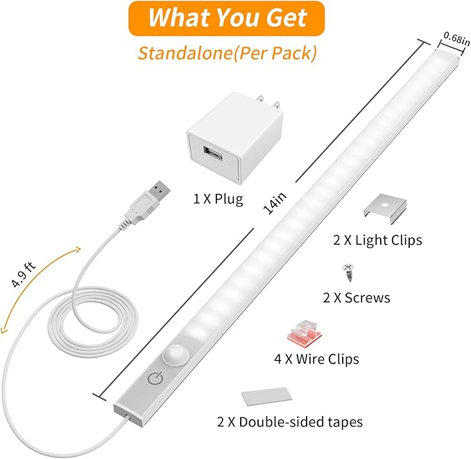14" Slim USB Plug-in LED Motion Sensor Light Indoor, Bright & Dimmable Under Cabinet Light - 3 Modes (ON/Night/Day) for Kitchen, Cabinet, Closet - 6000K Cool White, 2 Pack (Standalone)