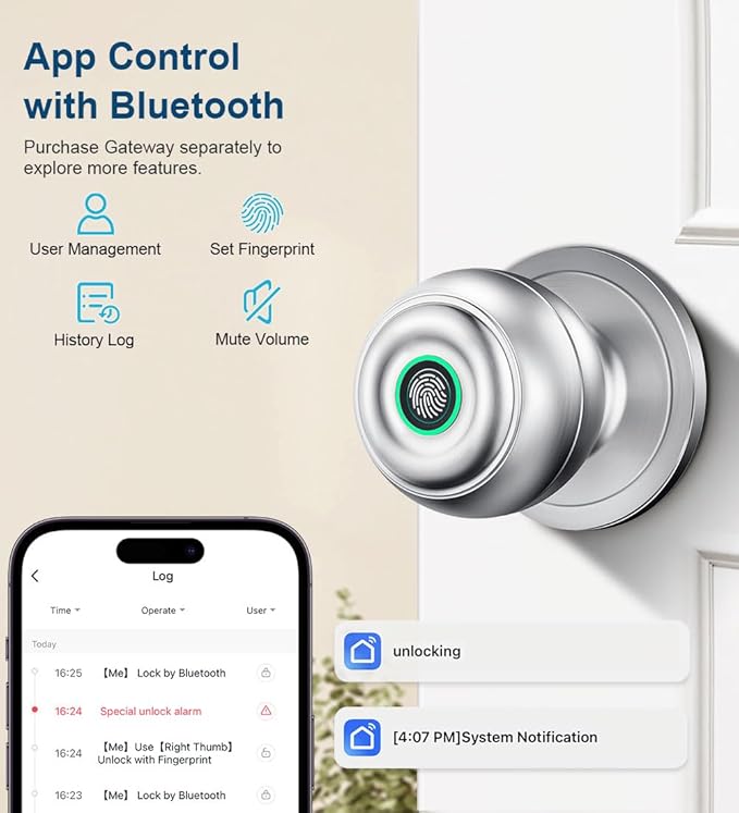 Fingerprint Door Lock, Smart Fingerprint Door Knob with Lock, Biometric Door Locks with App Control & Key, Keyless Thumbprint Entry Door Locks for Bedroom, Front Door, Home, Apartment-Silver