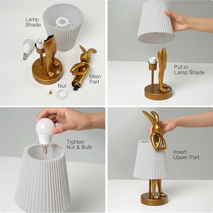 Cordless Rabbit Table Lamp Rechargeable LED 5000mAh, 15.7” Cute Decorative Night Light with Linen Shade & Gold-Tone Bunny Design, Portable Touch Dimmable Bedside Lamp for Bedroom, Home Decor (gray)