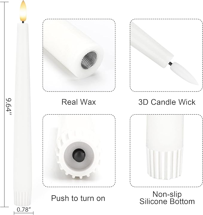 Flameless Taper Candles with 3D Wick, 9.6" Real Wax LED Candles with Remote and Timer, 3 Pack Flickering Candlesticks Battery Operated, Classic Tall Taper Candles for Home, Wedding, Party, White